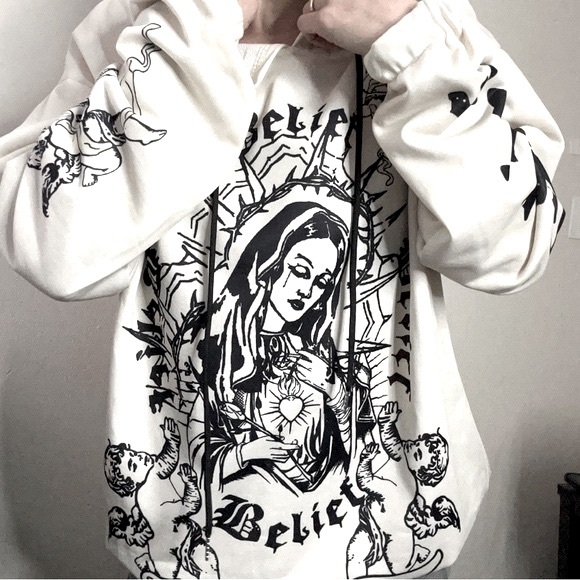 Y2K Virgin Mary Tattoo Graphic Cherub Angel Hoodie Lightweight - Picture 5 of 13